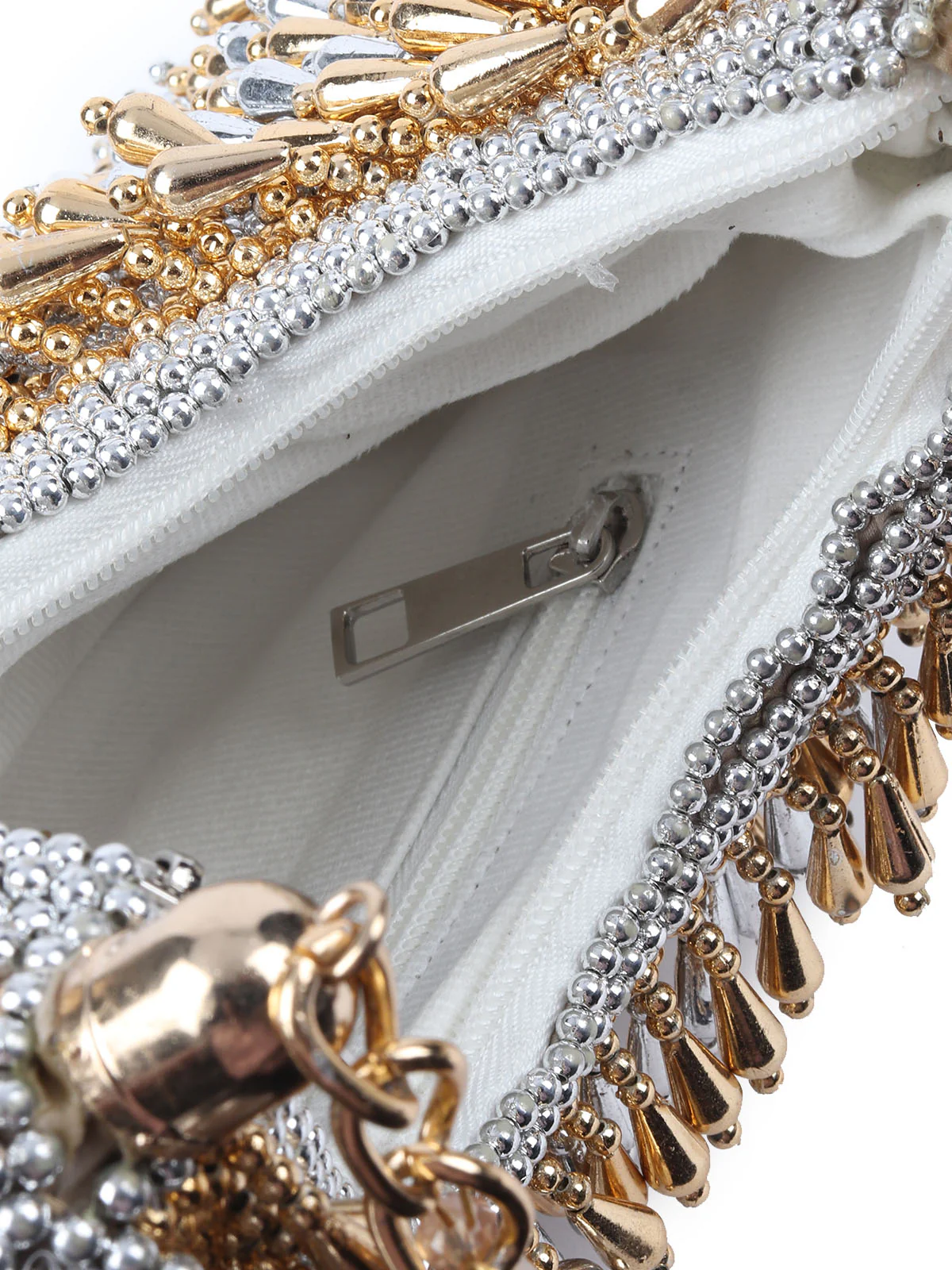 Odette Silver And Golden Suede With Beads And Tassels Hand Bag For Women - Image 6