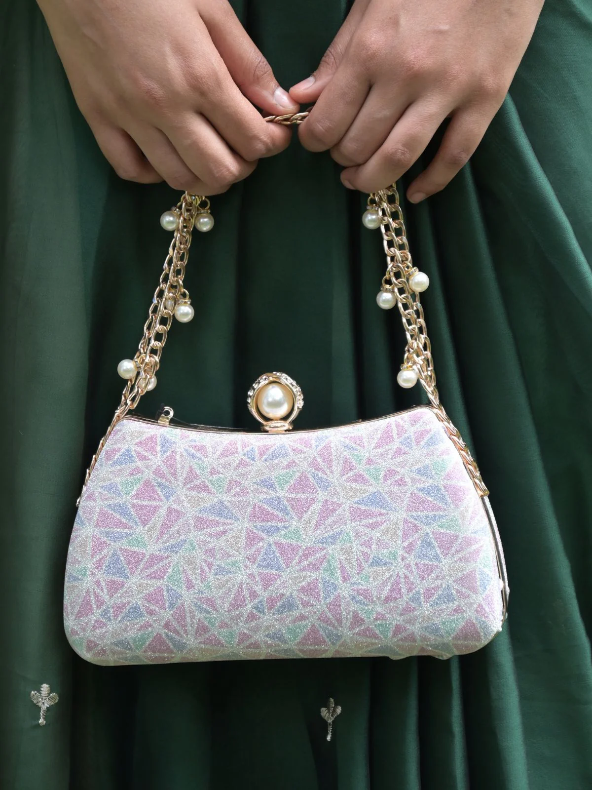 Odette Silver and Purple Shimmer Printed Clutch for Women - Image 2