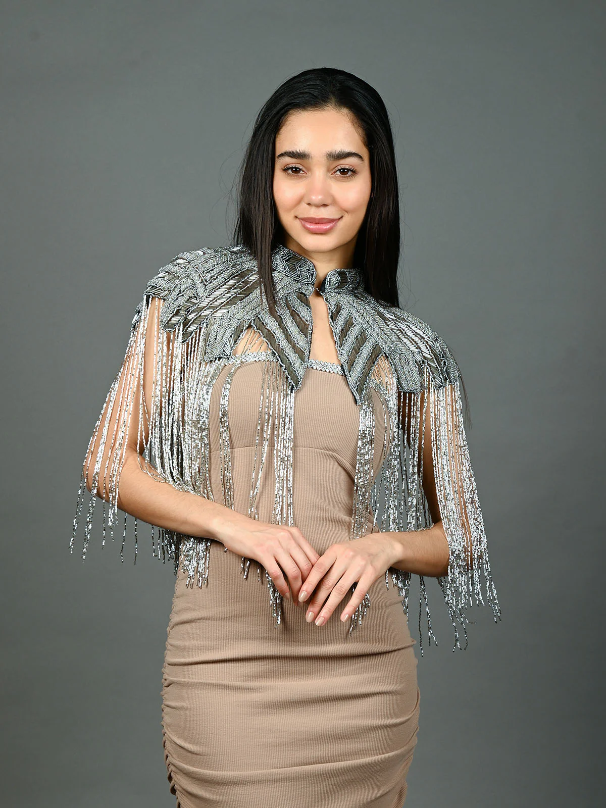 Odette Silver & Black Net Embellished Cape For Women - Image 2