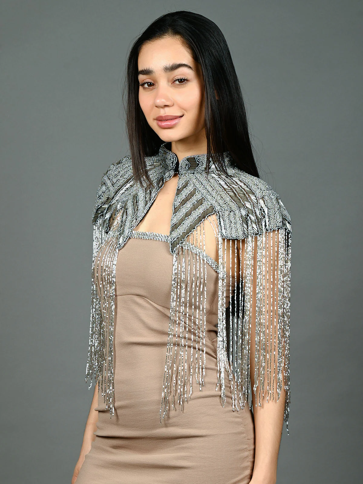 Odette Silver & Black Net Embellished Cape For Women - Image 3