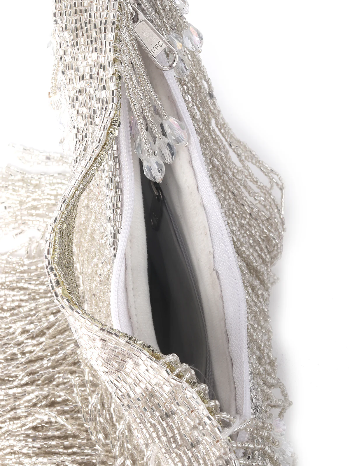Odette Silver Cutdana Tassels Moon Clutch Bag For Women - Image 5