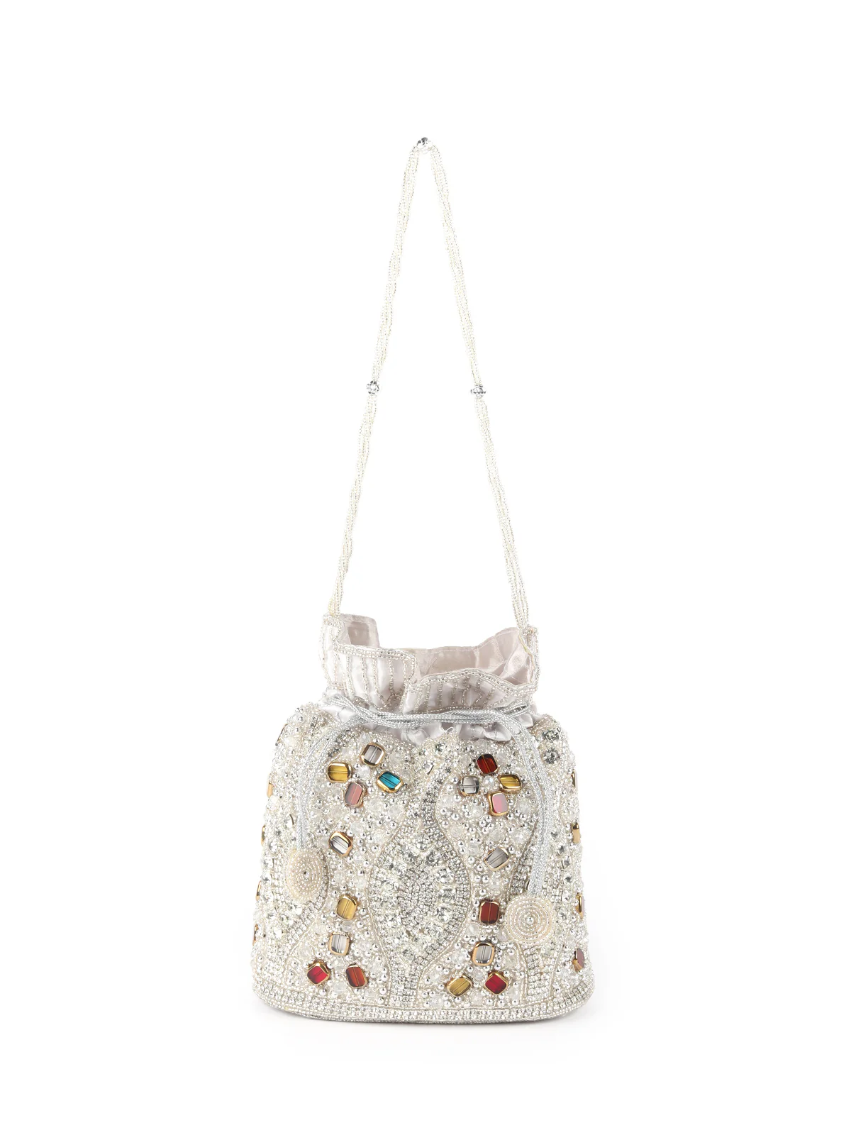 Odette Silver Embroidered Potli Bag For Women - Image 3