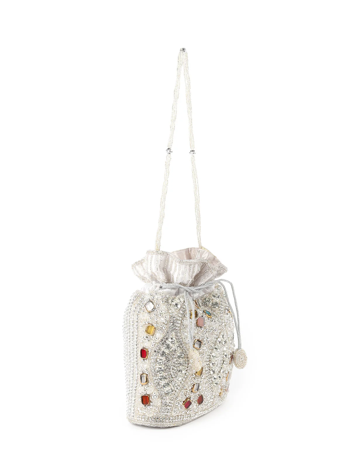 Odette Silver Embroidered Potli Bag For Women - Image 4
