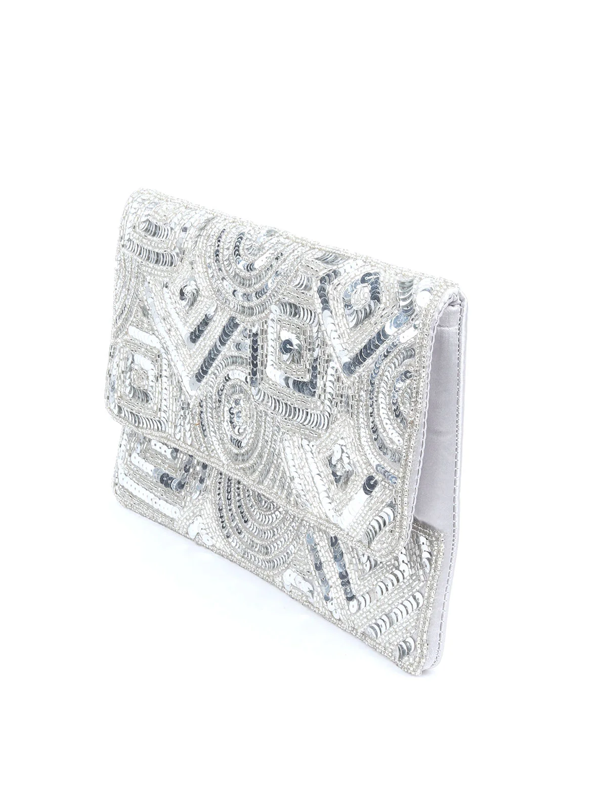 Odette Silver Satin Embellished Clutch For Women - Image 2
