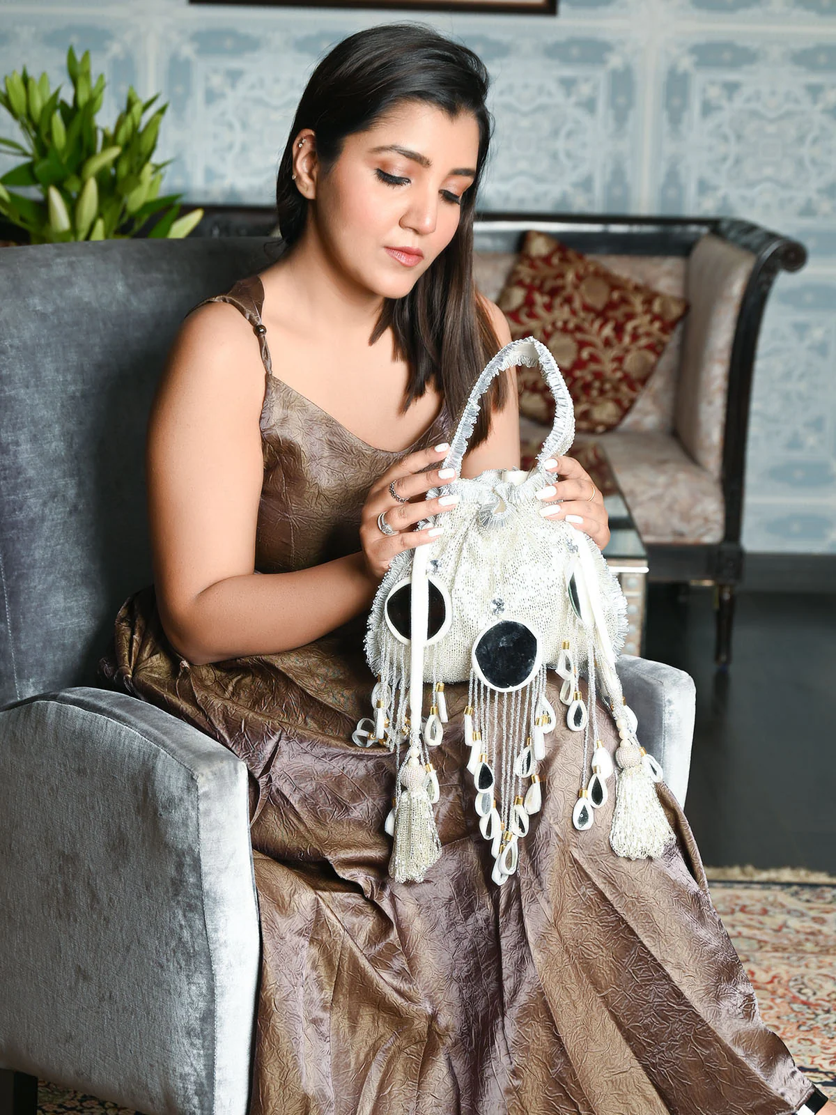 Odette Silver Suede Beads Tasseled Potli With Mirror Work Batuas For Women - Image 2