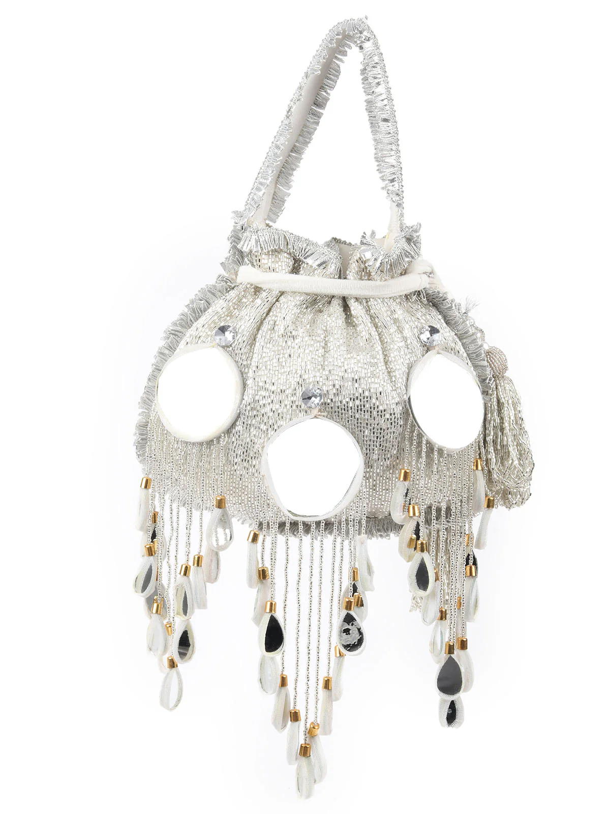 Odette Silver Suede Beads Tasseled Potli With Mirror Work Batuas For Women - Image 4