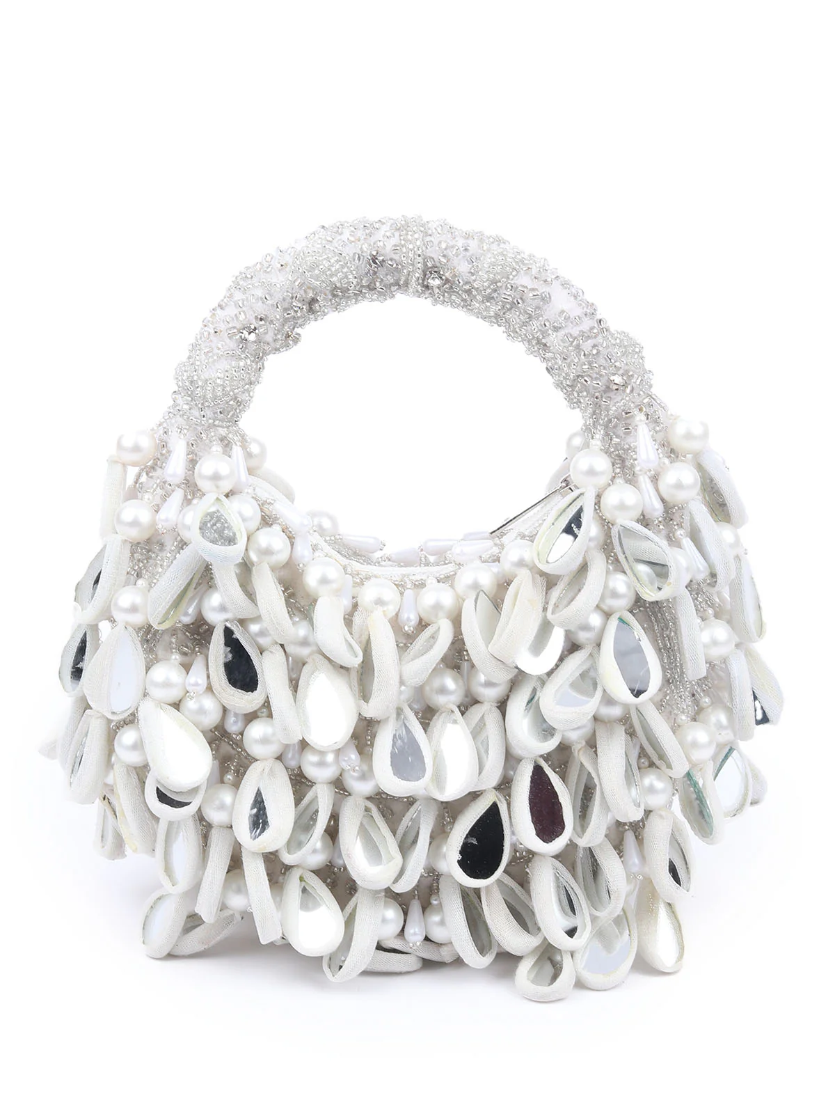 Odette Silver Suede Detailed With Beads And Mirror Work Hand Bag For Women - Image 5