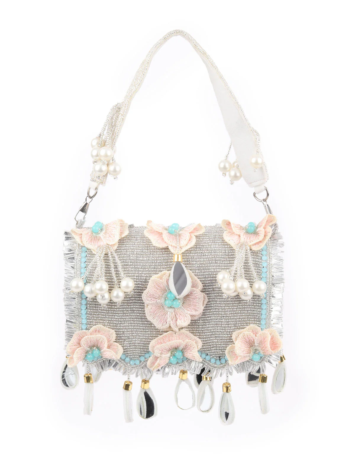Odette Silver Suede Embellished Hand Bag For Women - Image 3