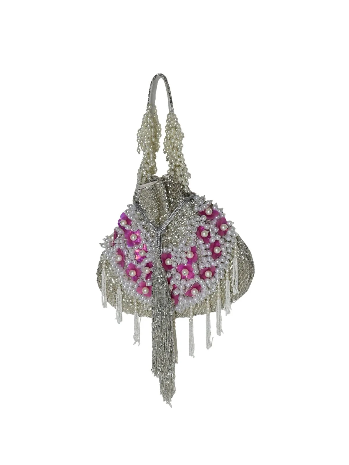 Odette Silver Suede Embellished Potli For Women - Image 3