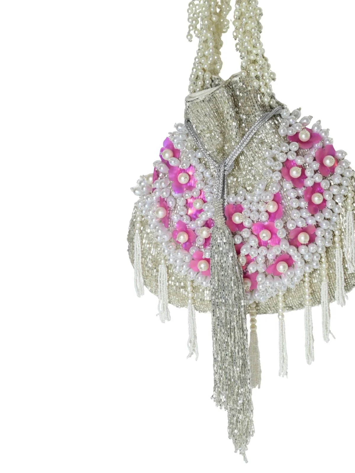 Odette Silver Suede Embellished Potli For Women - Image 6