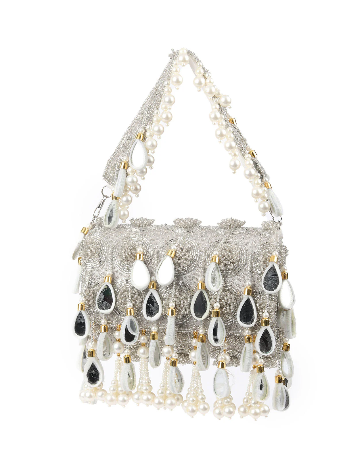 Odette Silver Suede With Cutdana, Beads And Mirror Work Tassels Hand Bag For Women - Image 3