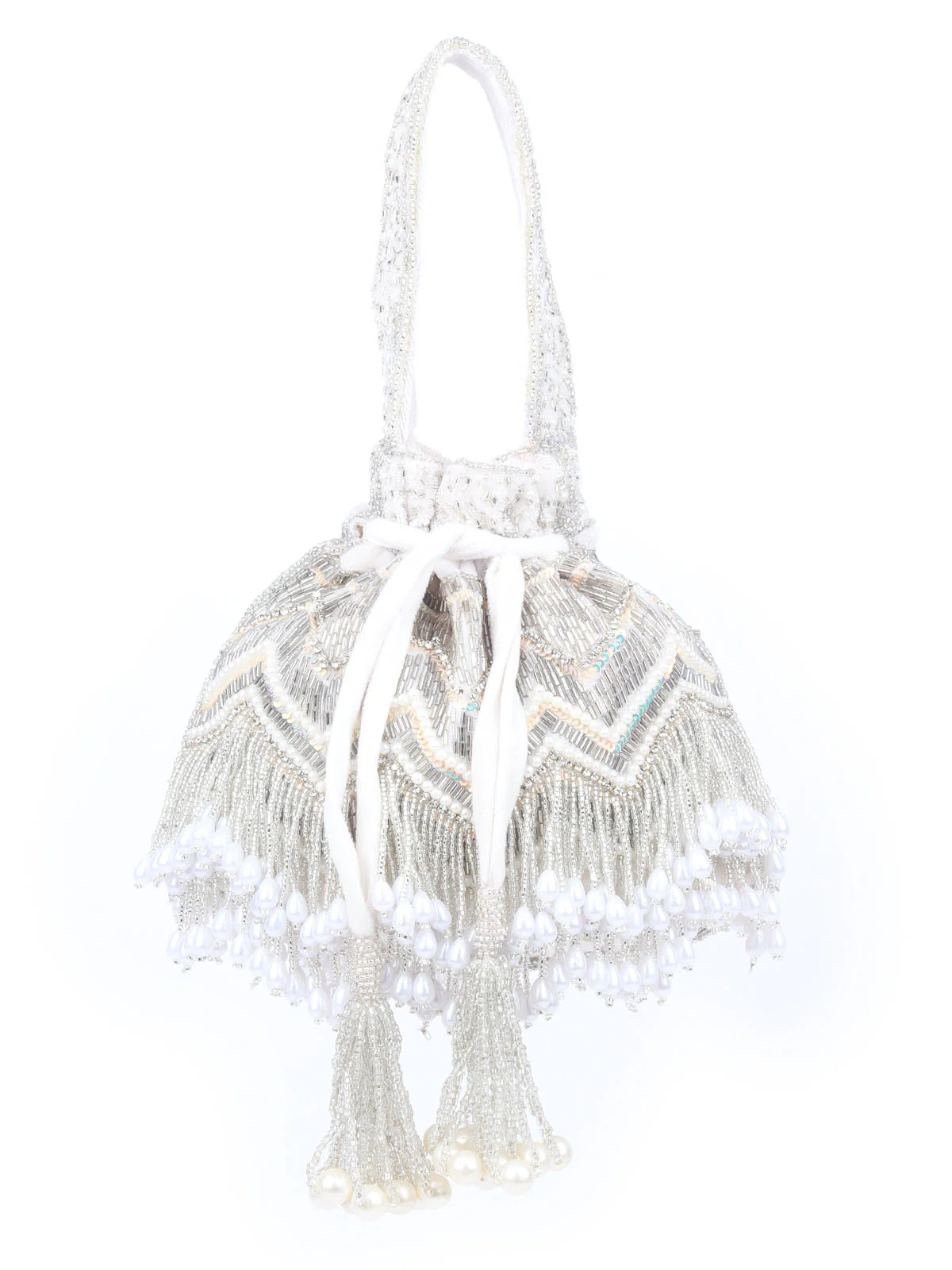 Odette Silver Velvet In-Depth With Cutdana And Beard, Tassels Work Potli For Women - Image 3