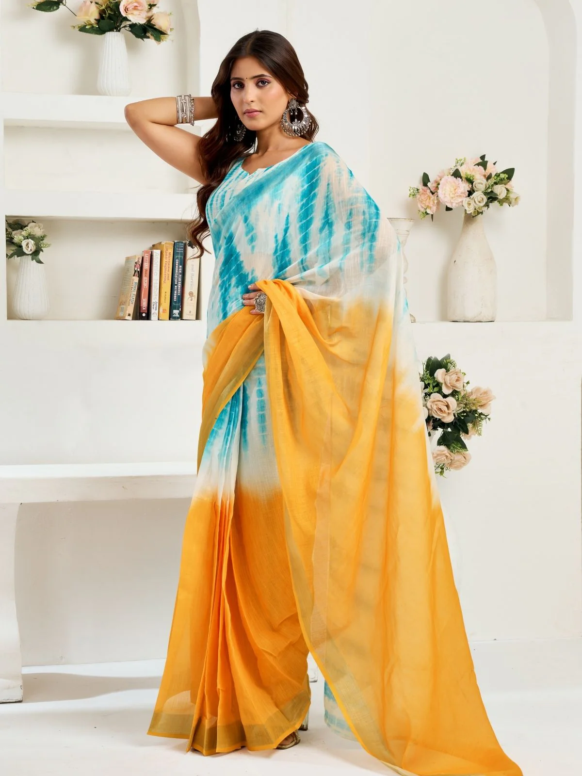 Odette Sky Blue And Orange Cotton Linen Zari Work Saree For Women - Image 2