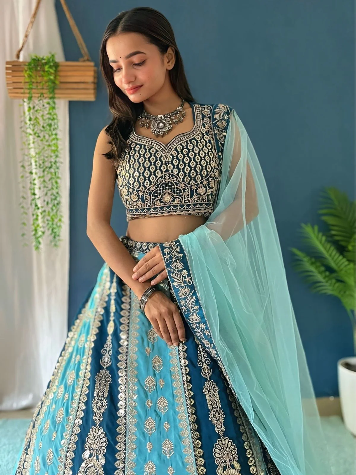 Odette Sky Blue And Teal Georgette Embroidered Semi-Stitched lehenga For Women - Image 4