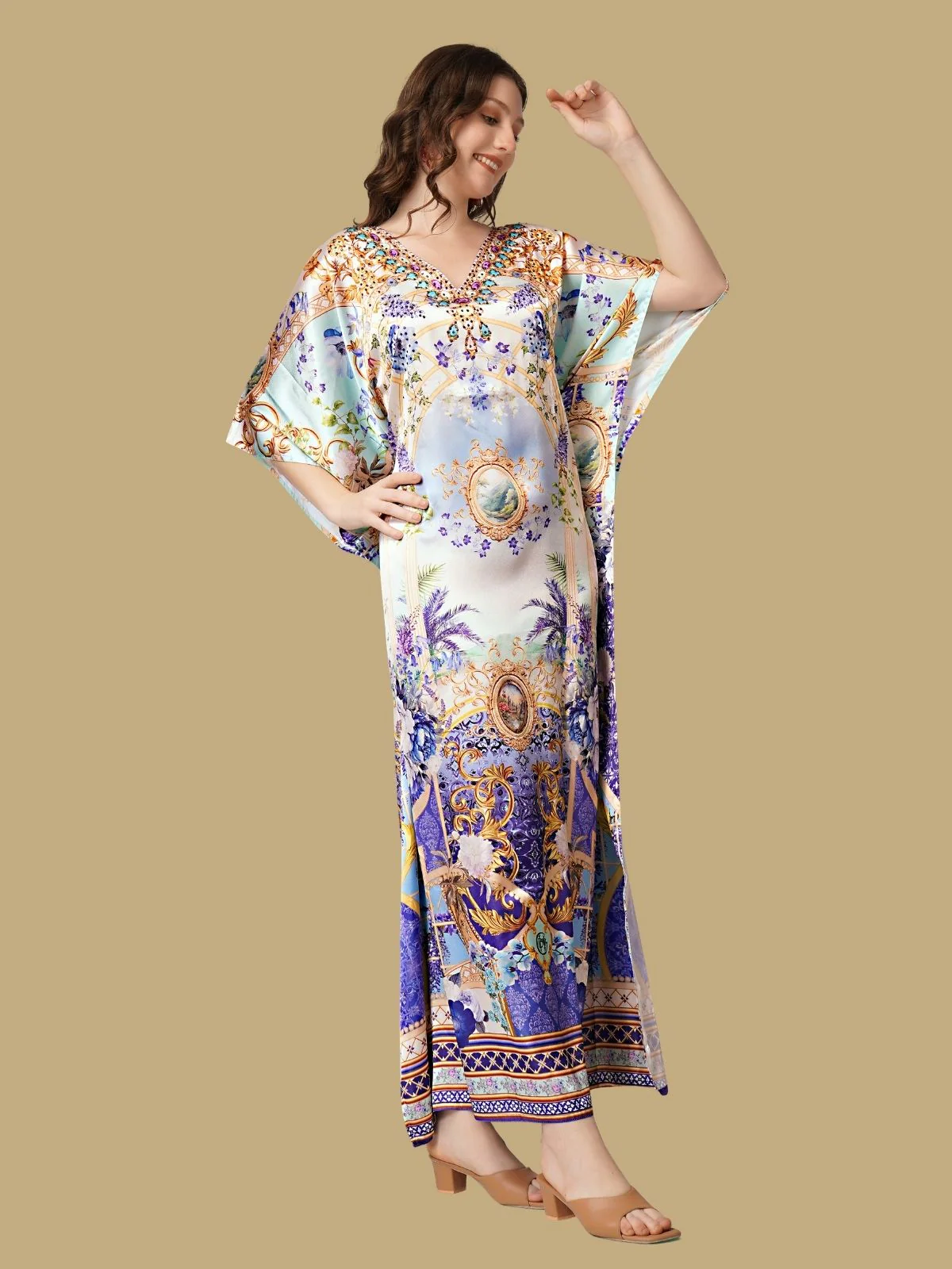 Odette Sky Blue And Violet Satin Printed Kaftan For Women - Image 2