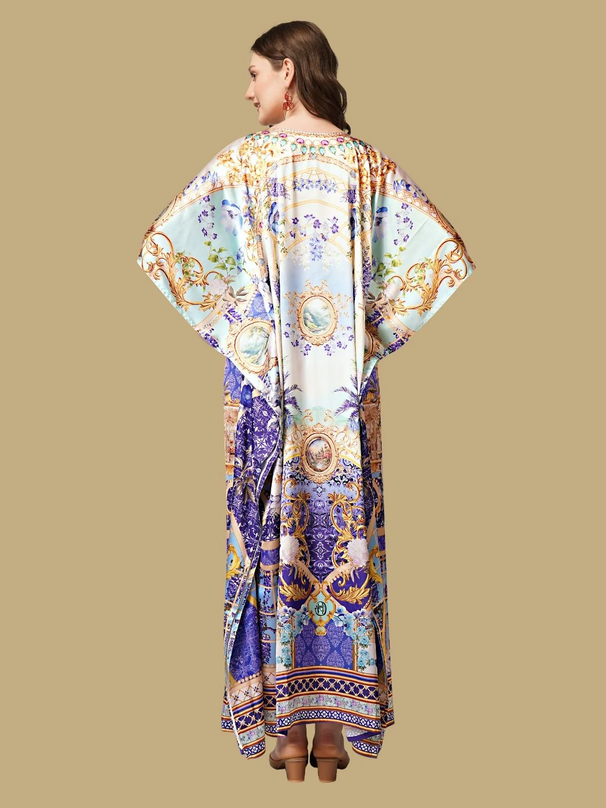 Odette Sky Blue And Violet Satin Printed Kaftan For Women - Image 3