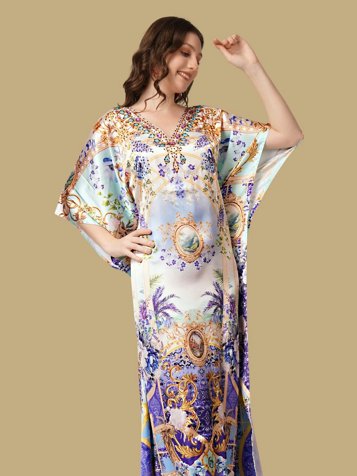 Odette Sky Blue And Violet Satin Printed Kaftan For Women - Image 4