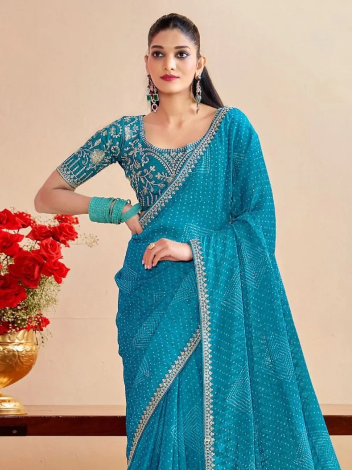 Odette Sky Blue Chiffon Embellished Saree For Women - Image 2