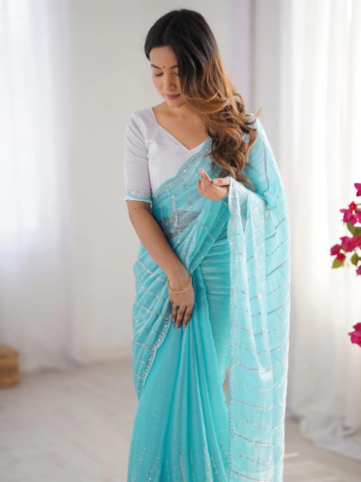 Odette Sky Blue Chiffon Embellished Solid Saree For Women - Image 3