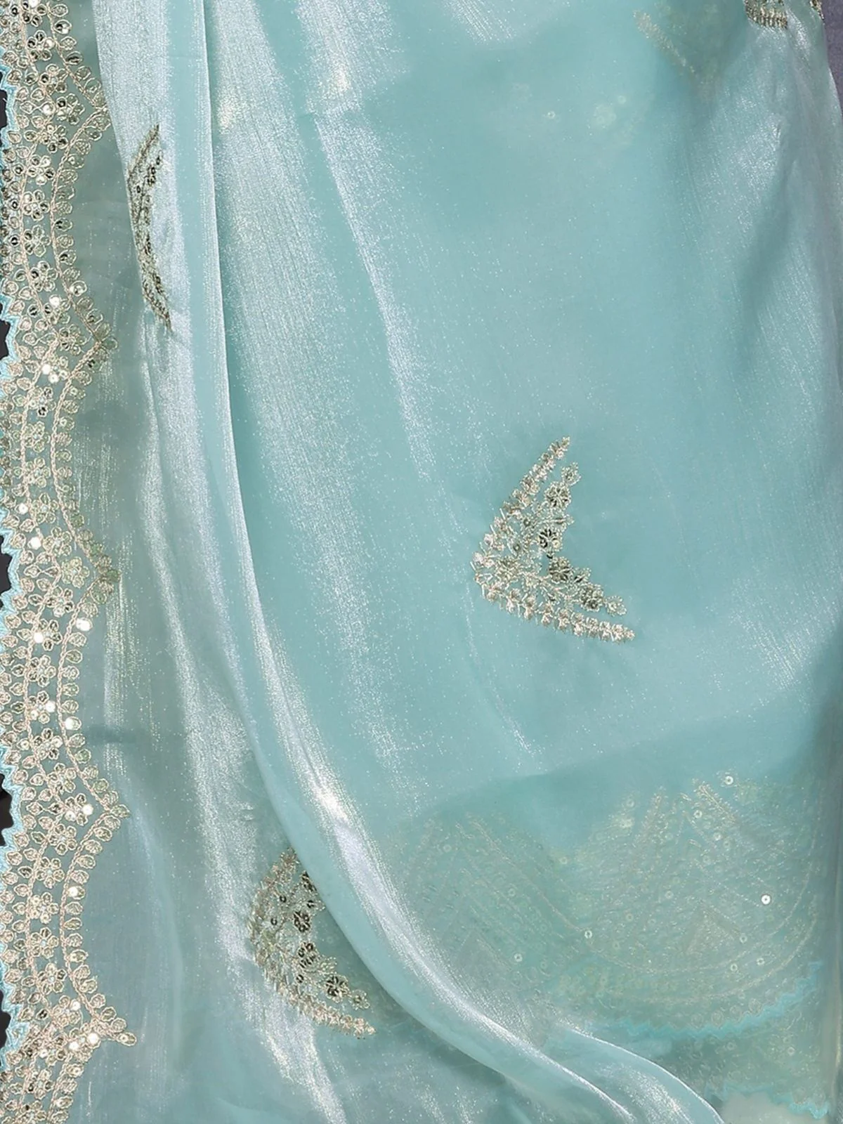 Odette Sky Blue Chiffon Embroidered Saree For Women - Image 4