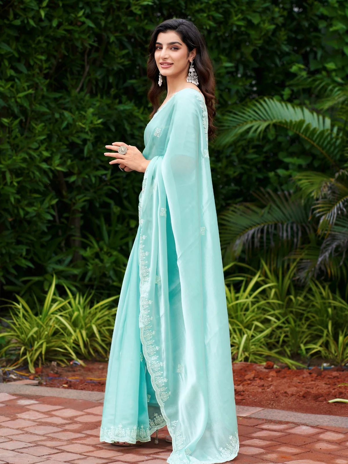 Odette Sky Blue  Chiffon Embroidered Saree For Women - Image 3