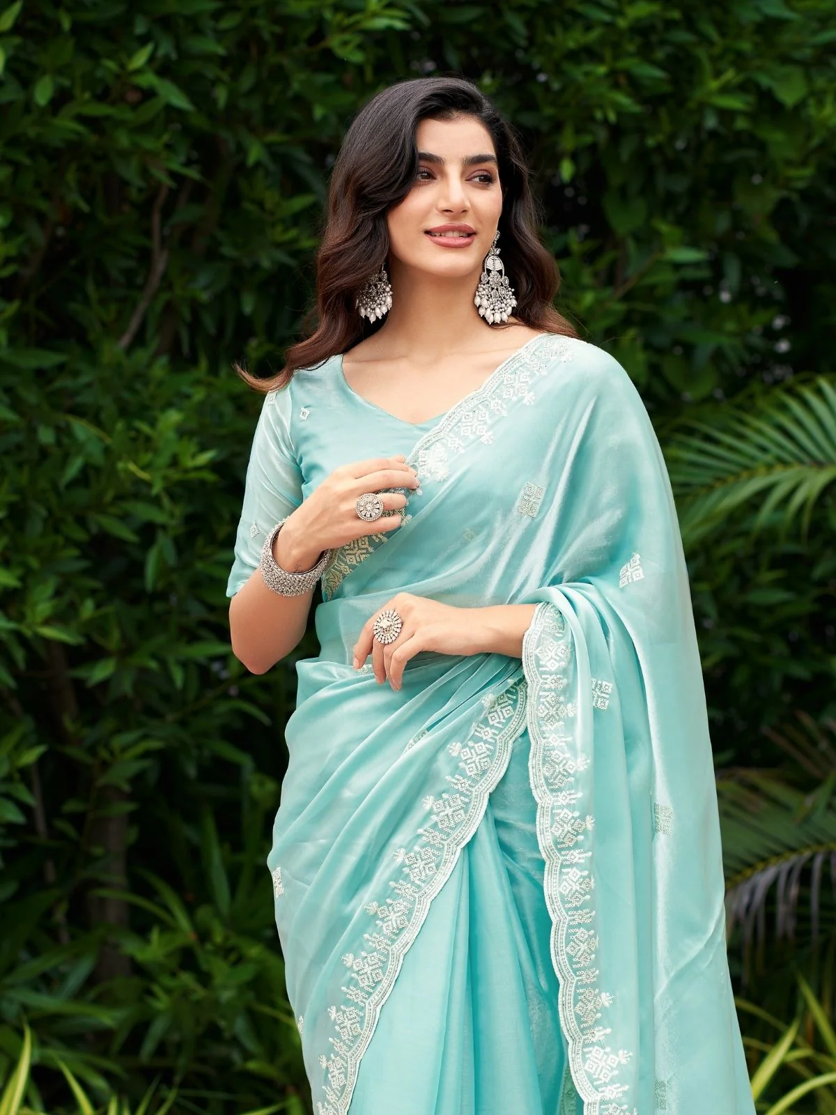 Odette Sky Blue  Chiffon Embroidered Saree For Women - Image 4