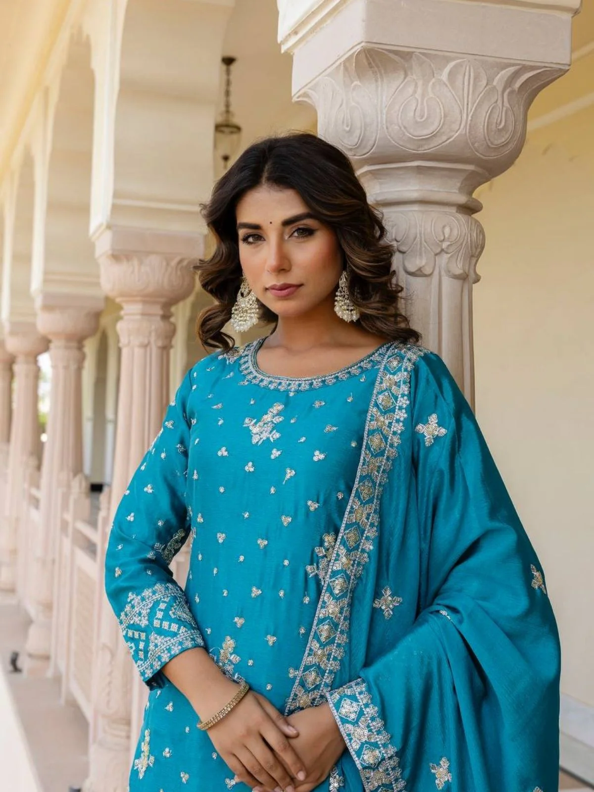 Odette Sky Blue Chiffon Embroidered Stitched Kurta Set For Women - Image 3