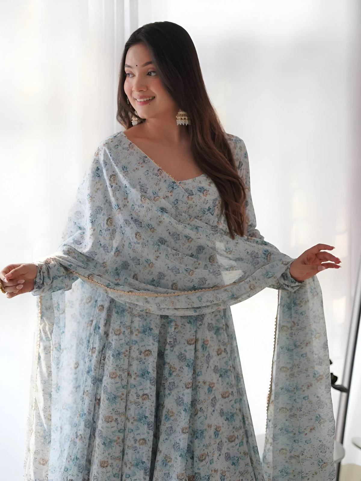 Odette Light  Blue Chiffon Floral Digital Print Stitched Kurta Set For Women - Image 4