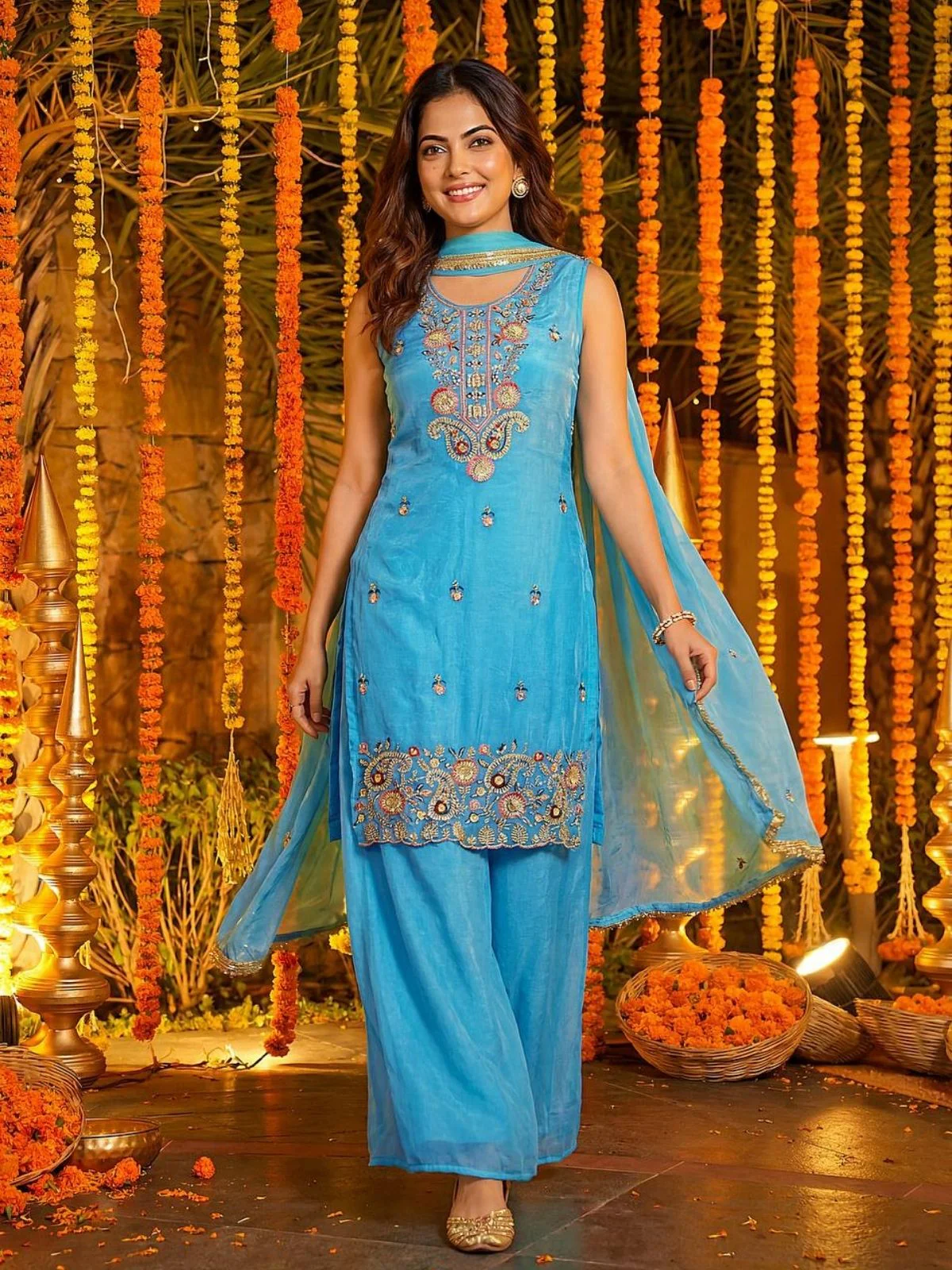 Odette Sky Blue Chiffon Solid Stitched Kurta Set For Women - Image 2