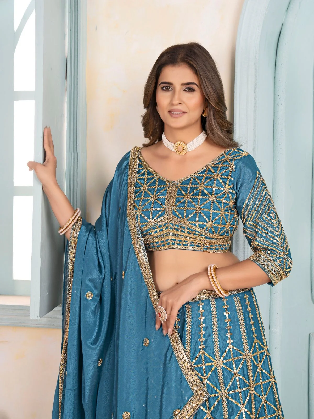 Odette Sky Blue Chinon Embellished Semi Stitched Lehenga For Women - Image 2
