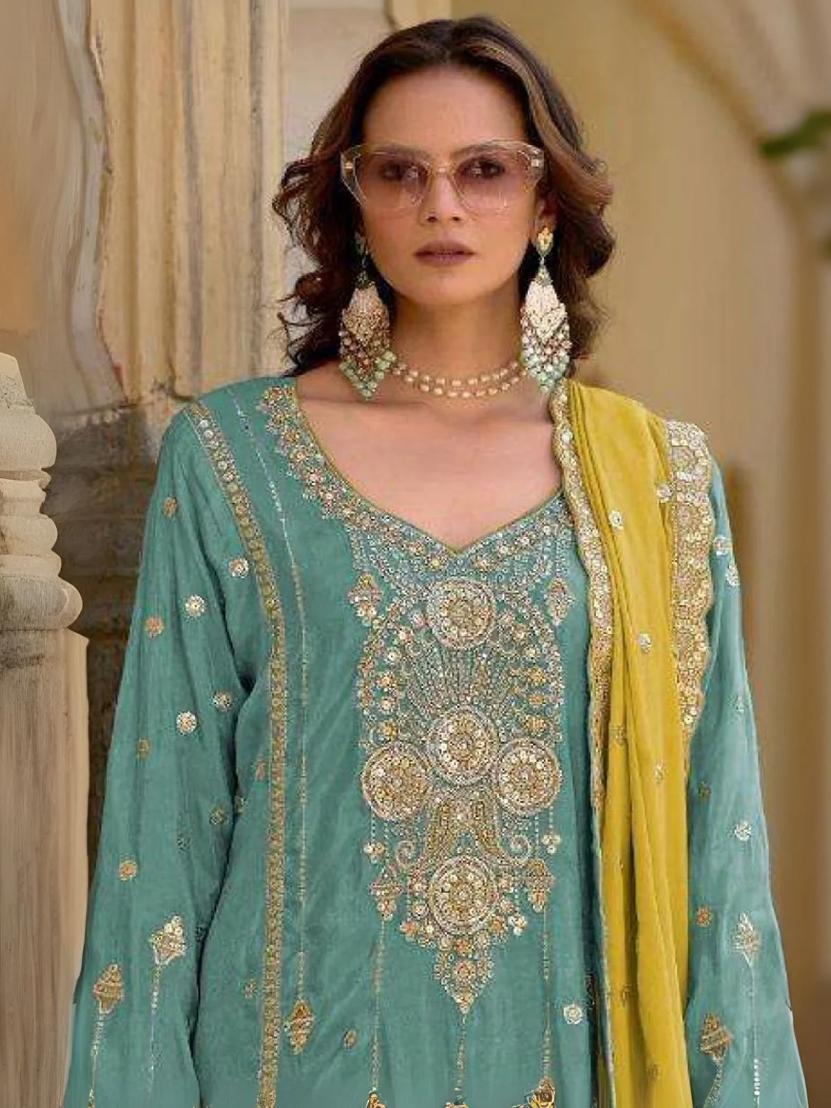 Odette Sky Blue Chinon Embroidered Semi-Sitched Kurta Set For Women - Image 2