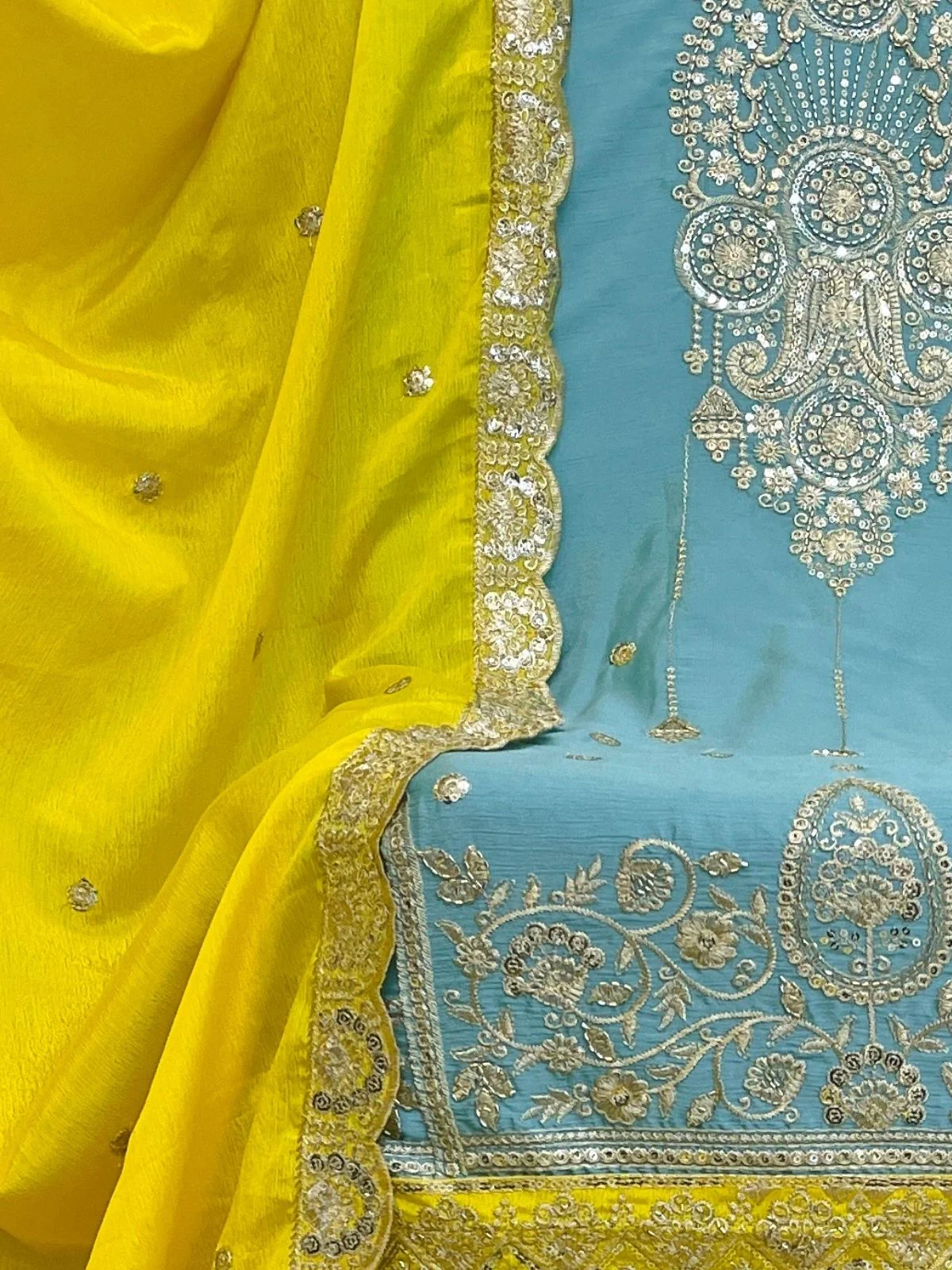 Odette Sky Blue Chinon Embroidered Semi-Sitched Kurta Set For Women - Image 3
