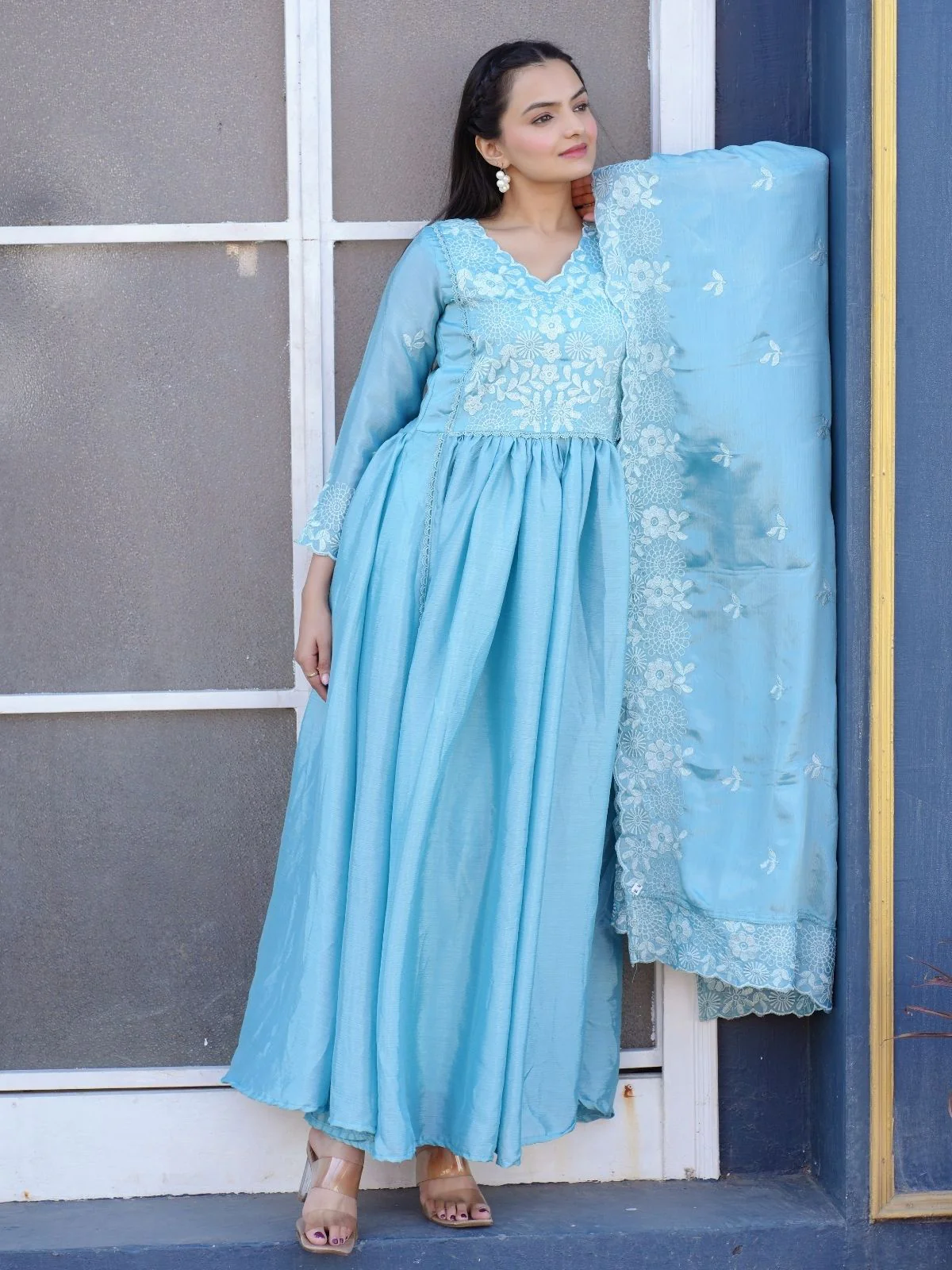 Odette Sky Blue Chinon Embroidered Stitched Kurta Set For Women - Image 2