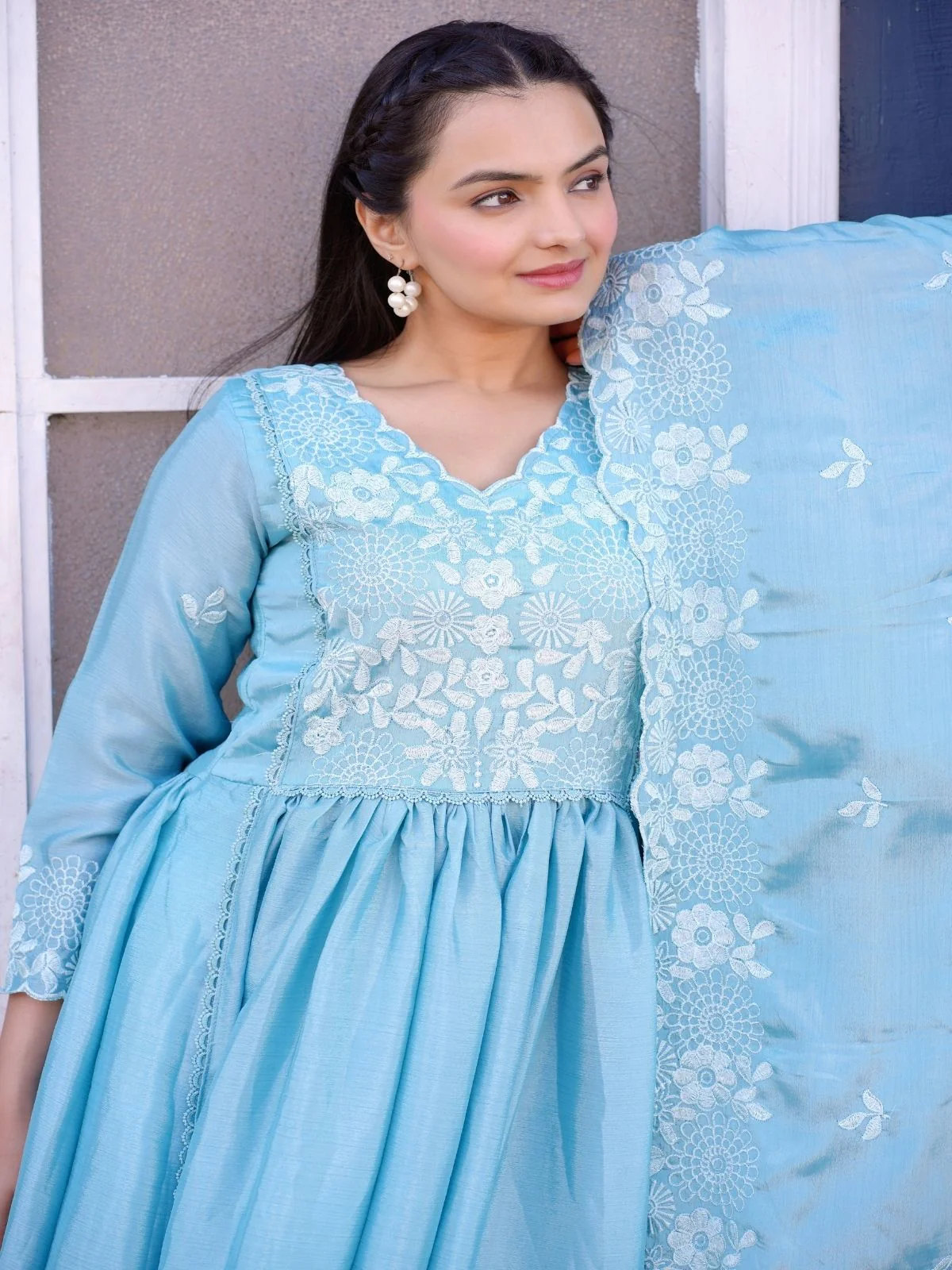 Odette Sky Blue Chinon Embroidered Stitched Kurta Set For Women - Image 3