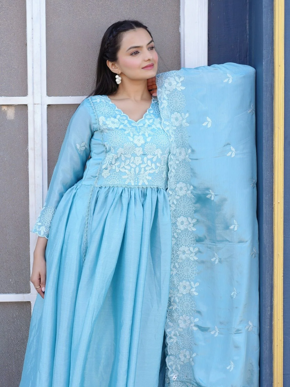 Odette Sky Blue Chinon Embroidered Stitched Kurta Set For Women - Image 4