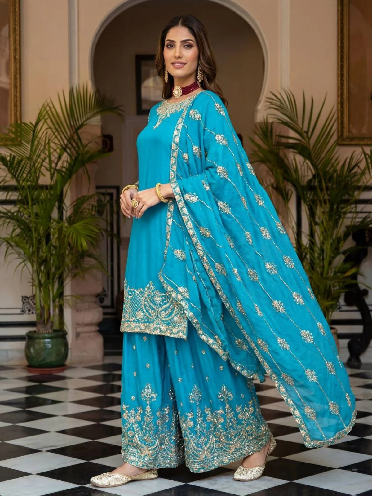 Odette Sky Blue Chinon Solid Stitched Kurta Set For Women - Image 2