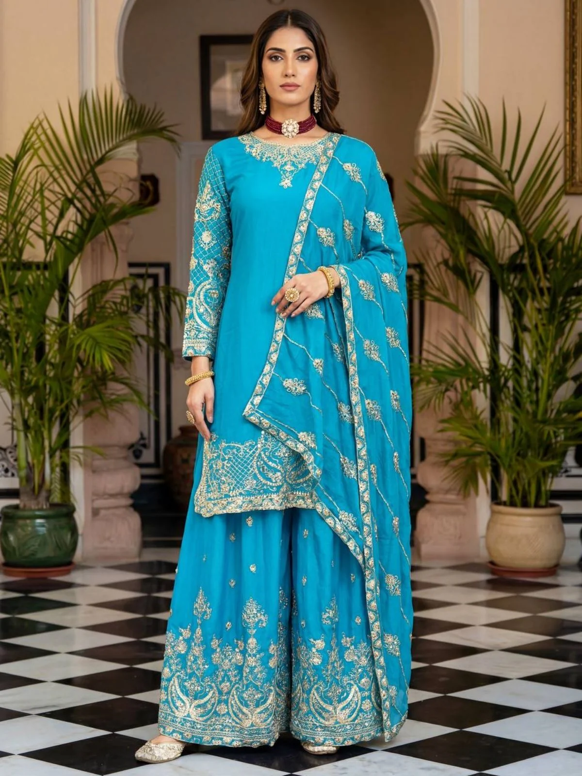 Odette Sky Blue Chinon Solid Stitched Kurta Set For Women - Image 4