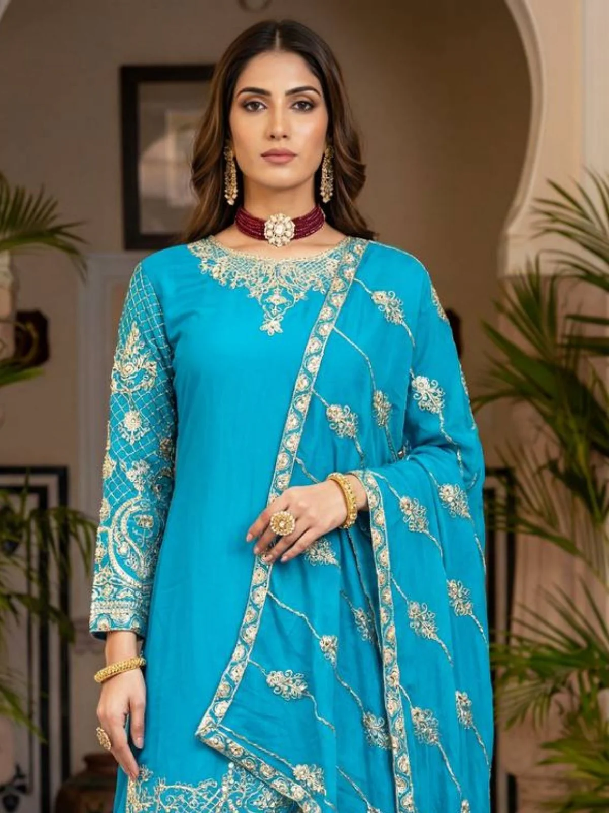 Odette Sky Blue Chinon Solid Stitched Kurta Set For Women - Image 5