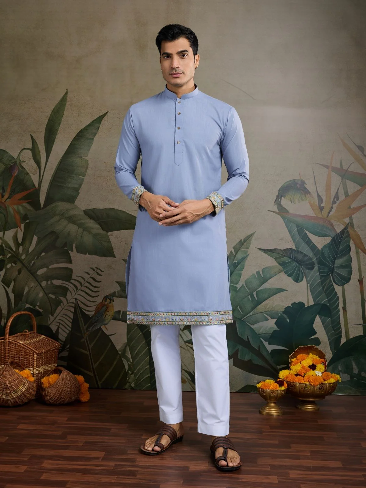 Odette Sky Blue Cotton Blend Embroidered Stitched Kurta For Men - Image 3
