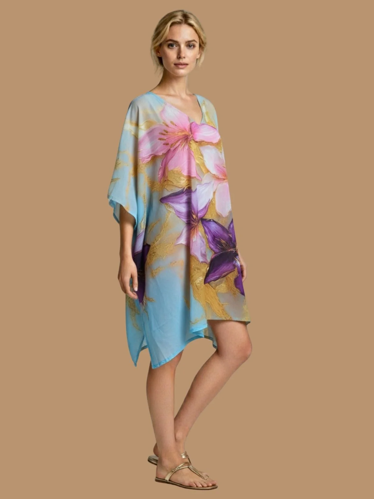 Odette Sky Blue Cotton Blend Printed Kaftan For Women - Image 2