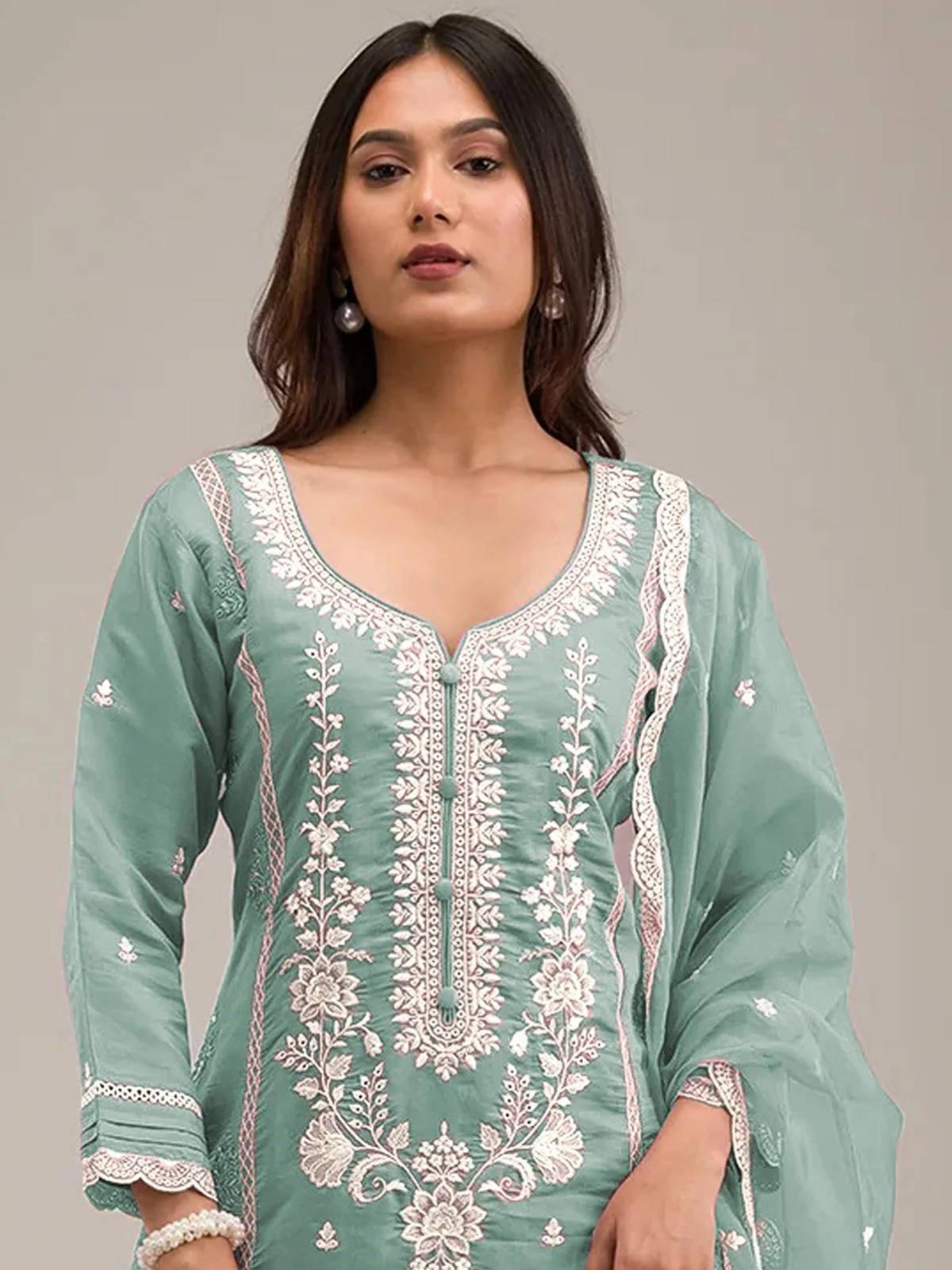 Odette Sky Blue Cotton Blend Embroidered Semi-Stitched Kurta Set For Women - Image 2