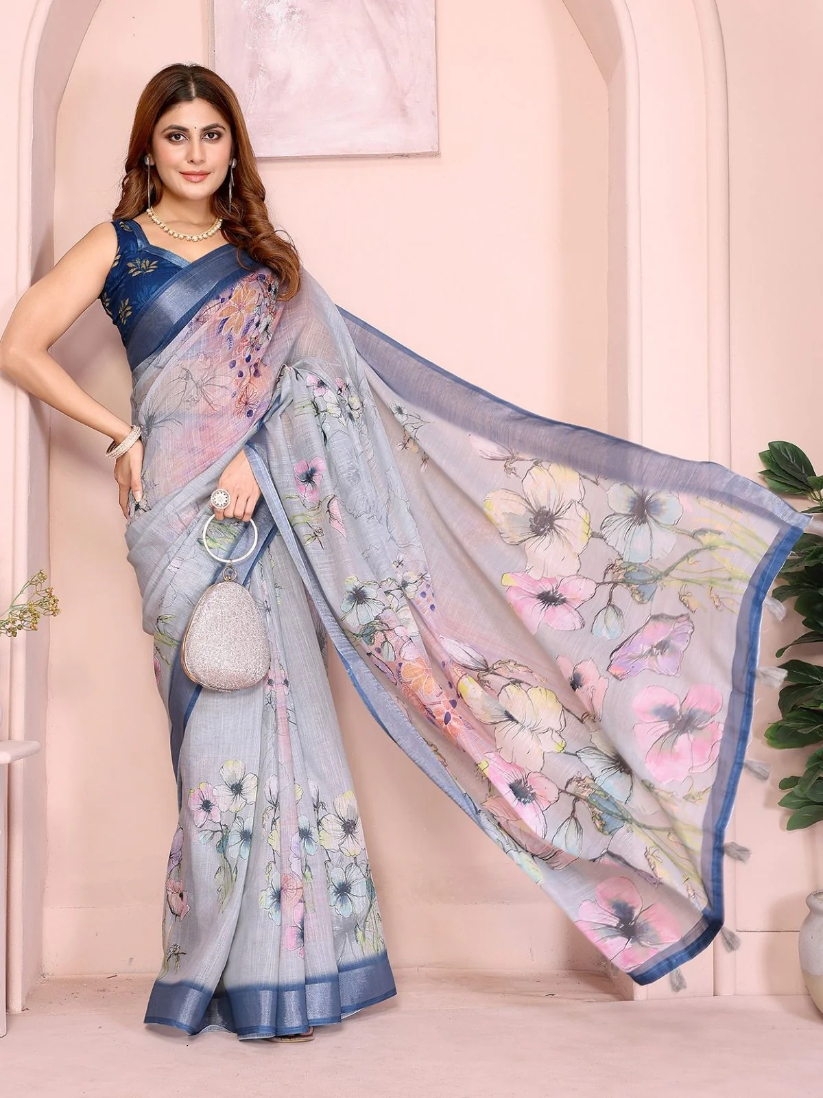 Odette Sky Blue Cotton Linen Printed Saree For Women - Image 2