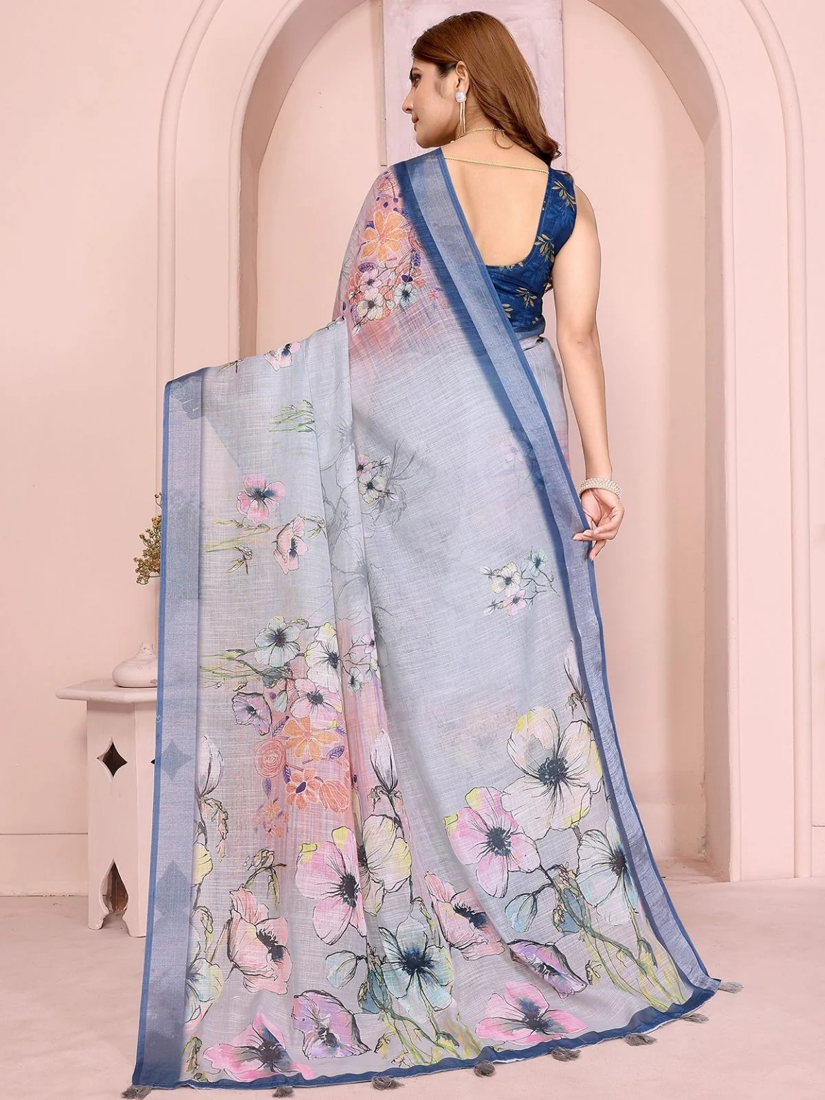 Odette Sky Blue Cotton Linen Printed Saree For Women - Image 3
