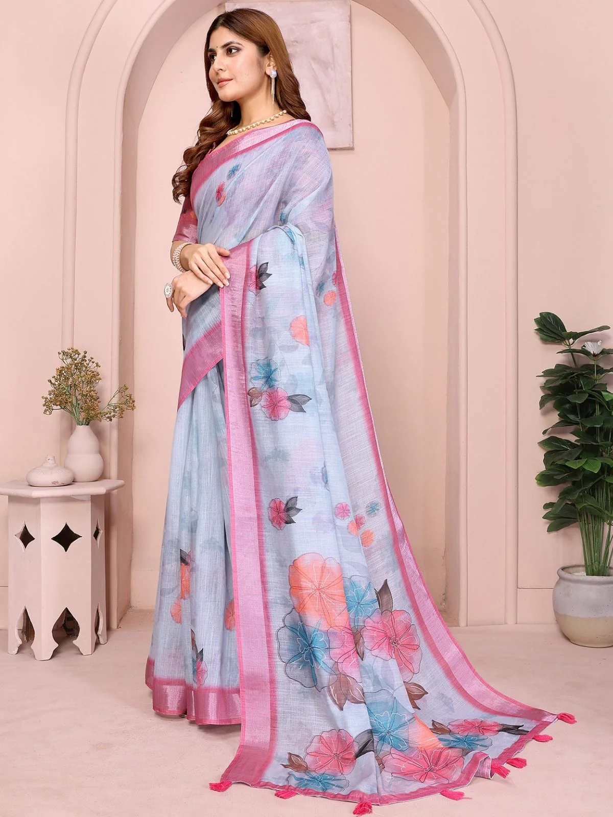 Odette Sky Blue Cotton Linen Printed Saree For Women - Image 2
