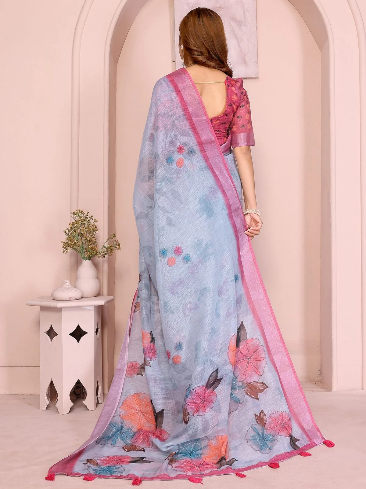 Odette Sky Blue Cotton Linen Printed Saree For Women - Image 3