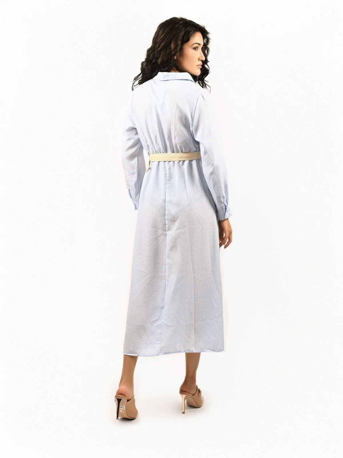 Odette Sky Blue Cotton Linen Striped Dress For Women - Image 3