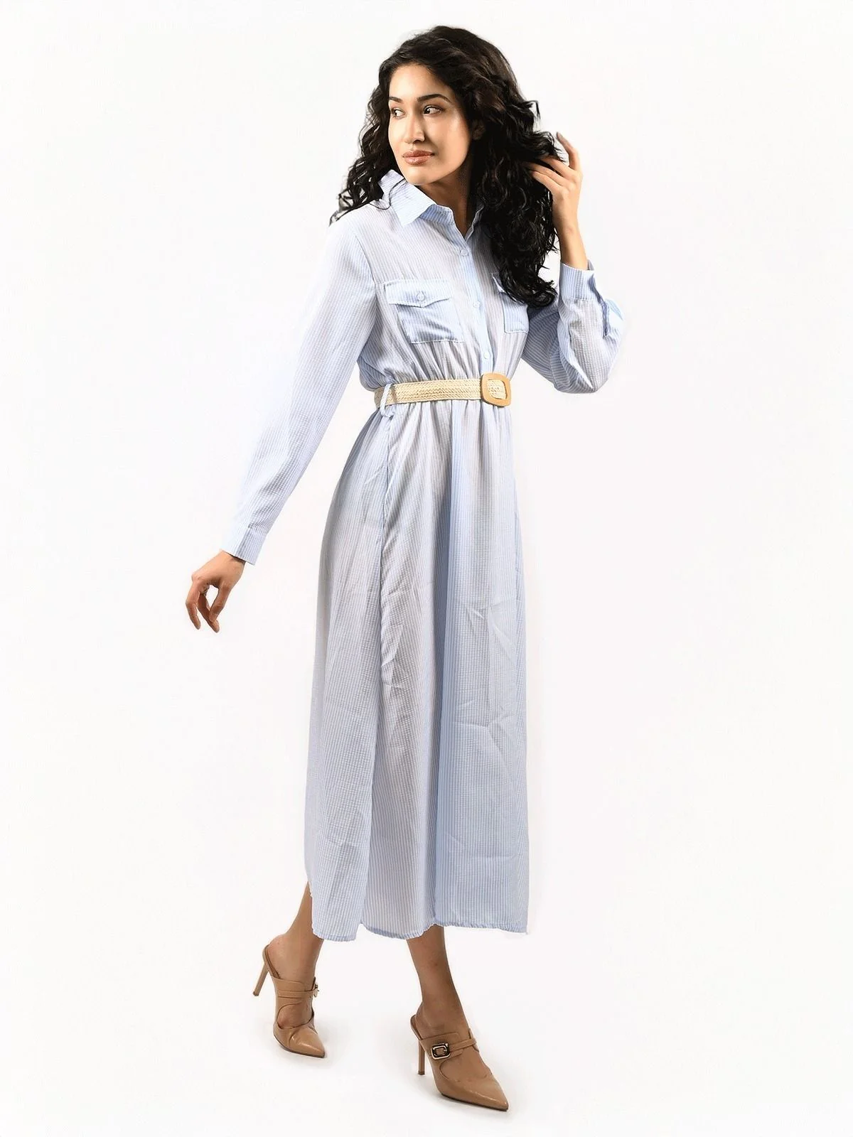 Odette Sky Blue Cotton Linen Striped Dress For Women - Image 4