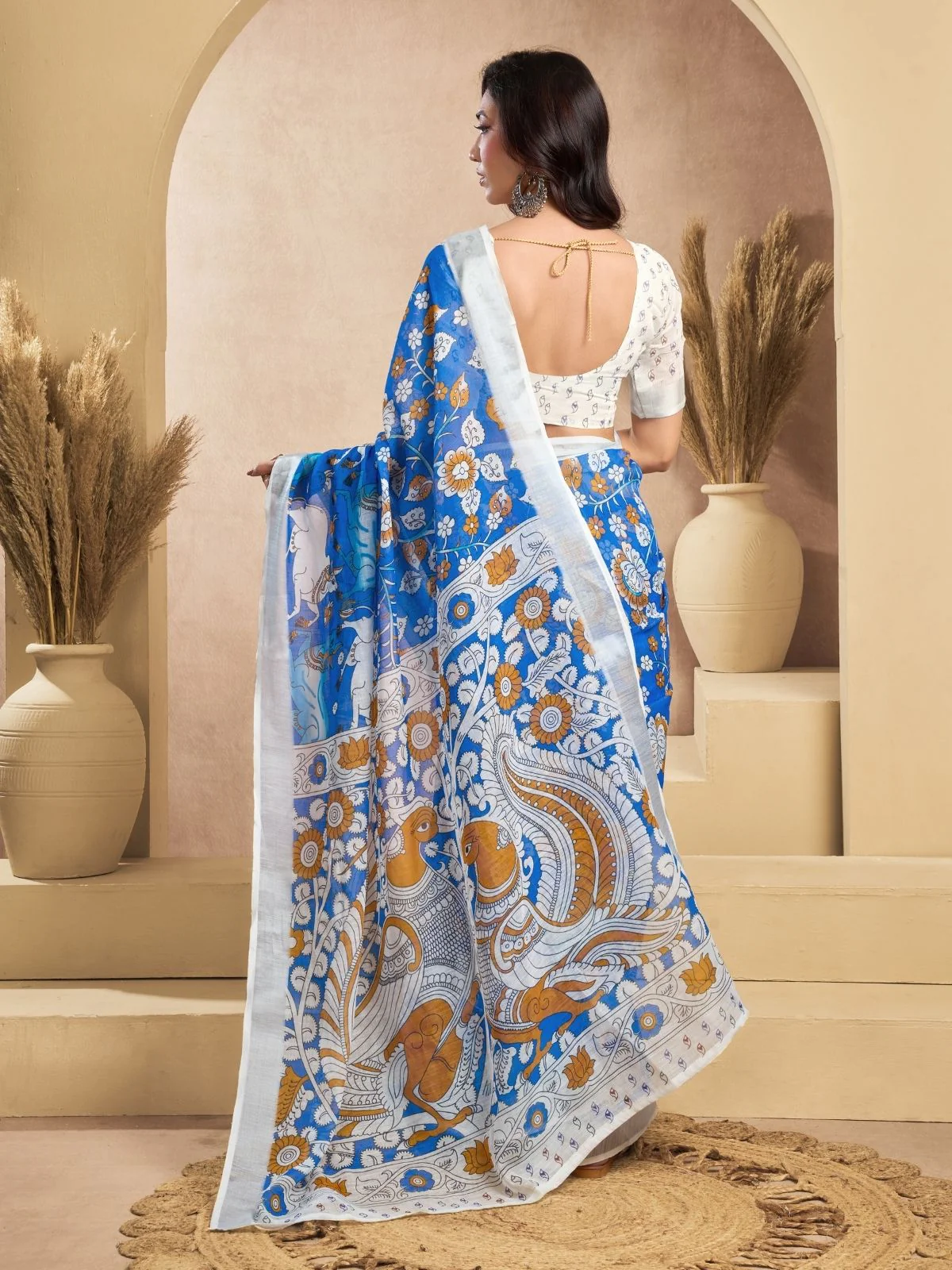 Odette Sky Blue Cotton Linen Zari Work Saree For Women - Image 4