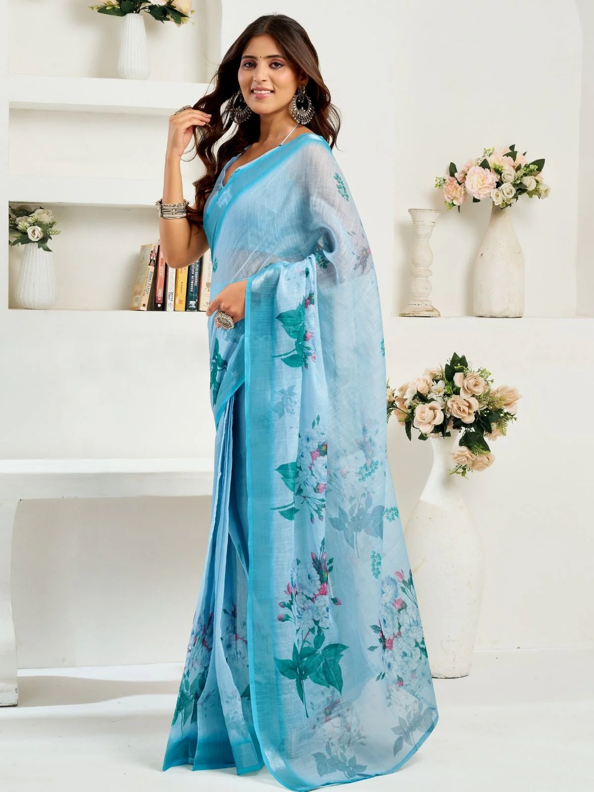 Odette Sky Blue Cotton Linen Zari Work Saree For Women - Image 2