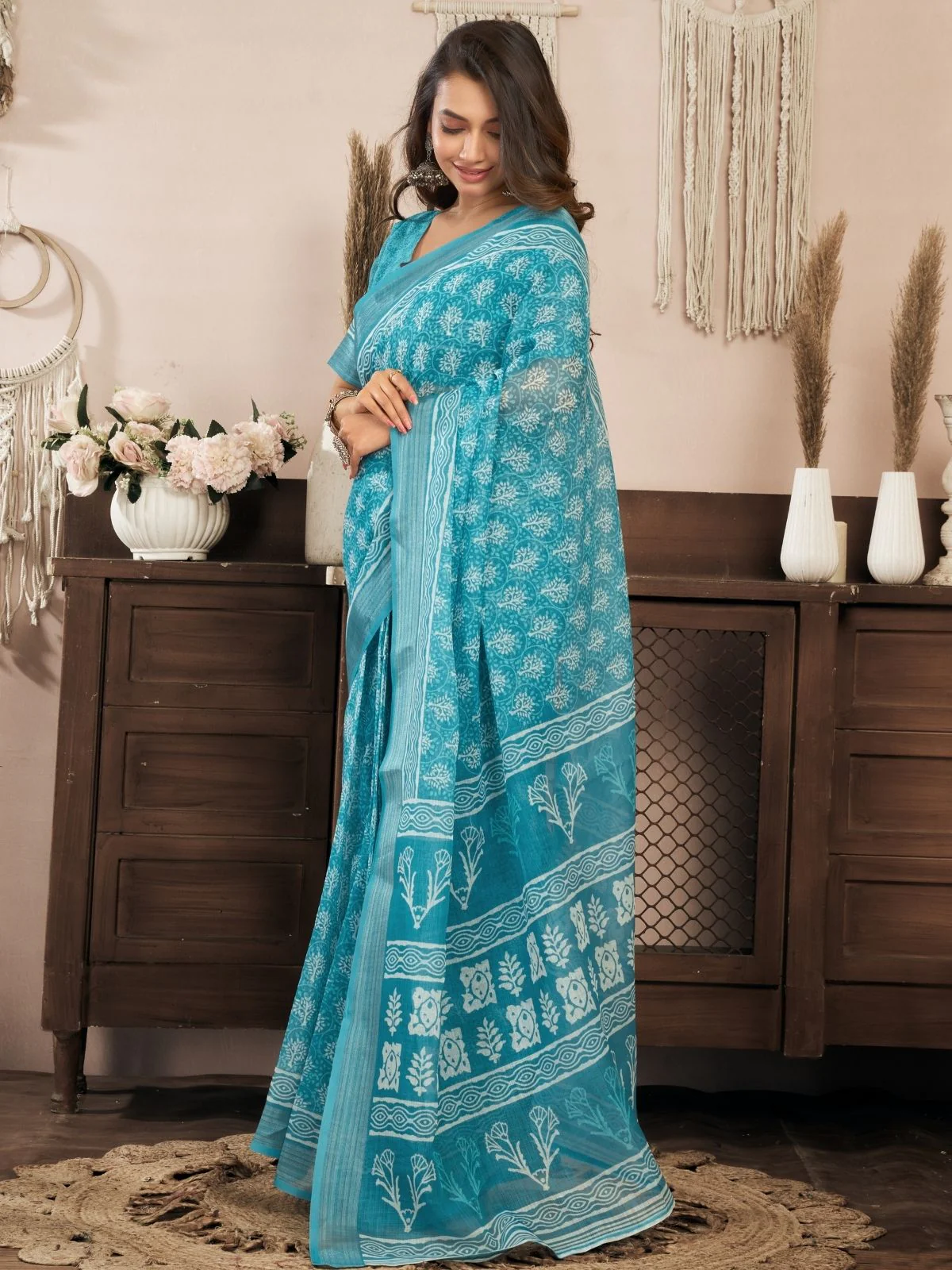 Odette Sky Blue Cotton Linen Zari Work Saree For Women - Image 2